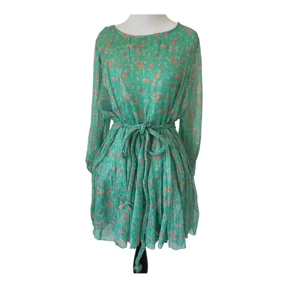 Boho Summer Mint chiffon ditsy floral print mini dress with Belt Italian Size 6 - Picture 6 of 17